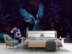 Dark Macaw Wallpaper : Blue Parrots And Night Flowers Mural