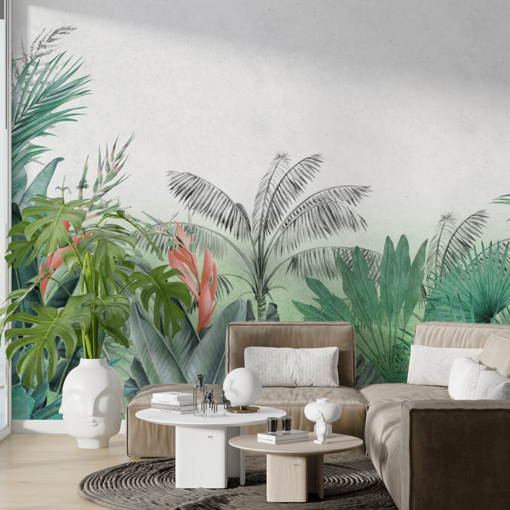 Green Palm Wallpaper : Watercolor Tropical Jungle Mural
