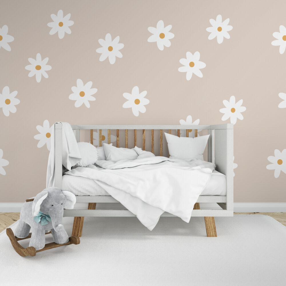 White Daisy Wallpaper : Simple Flowers On Beige Pattern - View 5