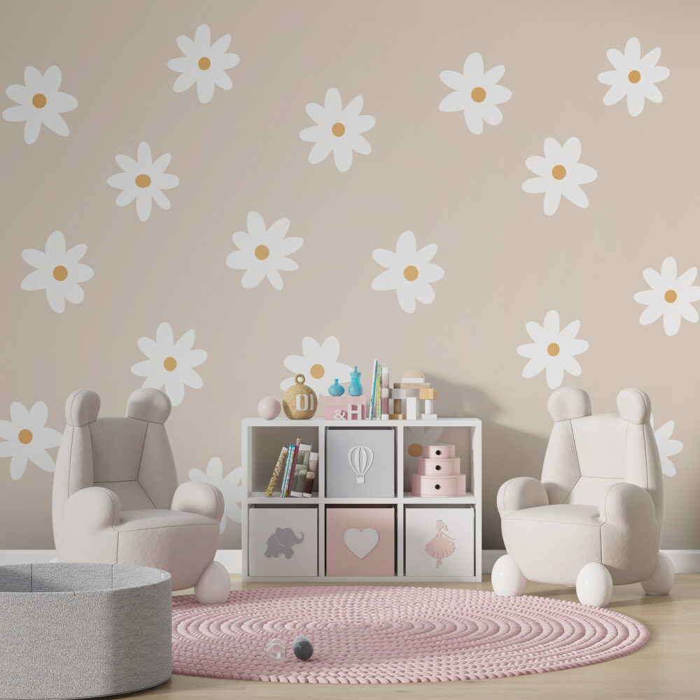 White Daisy Wallpaper : Simple Flowers On Beige Pattern