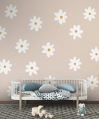White Daisy Wallpaper : Simple Flowers On Beige Pattern - View 6