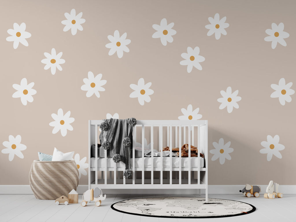 White Daisy Wallpaper : Simple Flowers On Beige Pattern - View 3