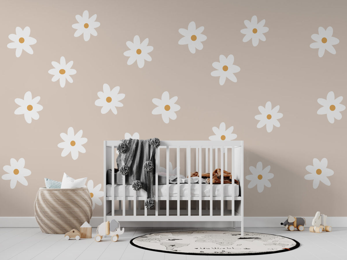 White Daisy Wallpaper : Simple Flowers On Beige Pattern - View 3