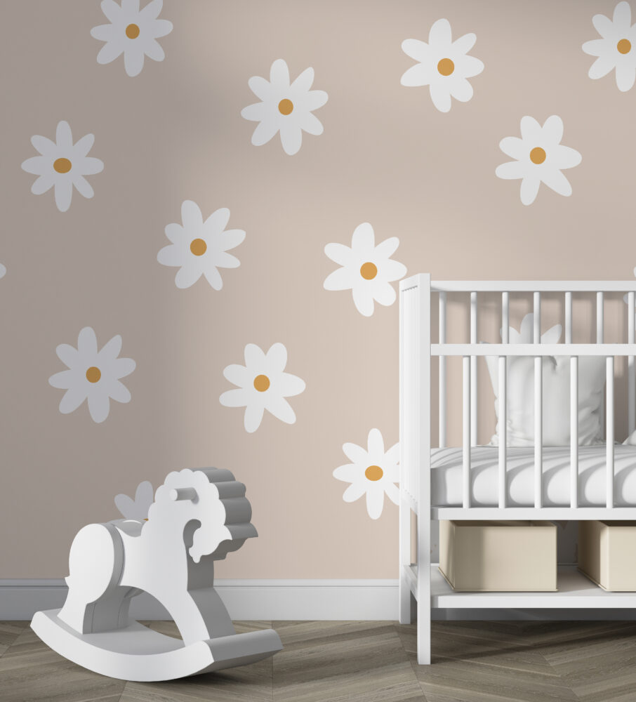 White Daisy Wallpaper : Simple Flowers On Beige Pattern - View 4