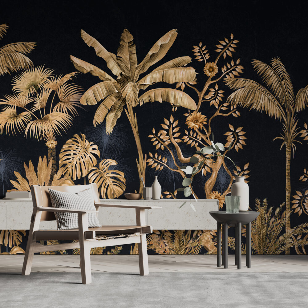 Black Gold Palm Wallpaper : Golden Tropical Jungle Mural - View 3