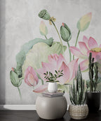 Pink Lotus Wallpaper : Watercolor Lotus Pond Mural - View 6