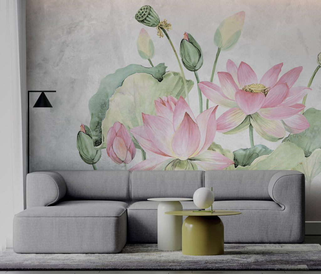 Pink Lotus Wallpaper : Watercolor Lotus Pond Mural - View 3