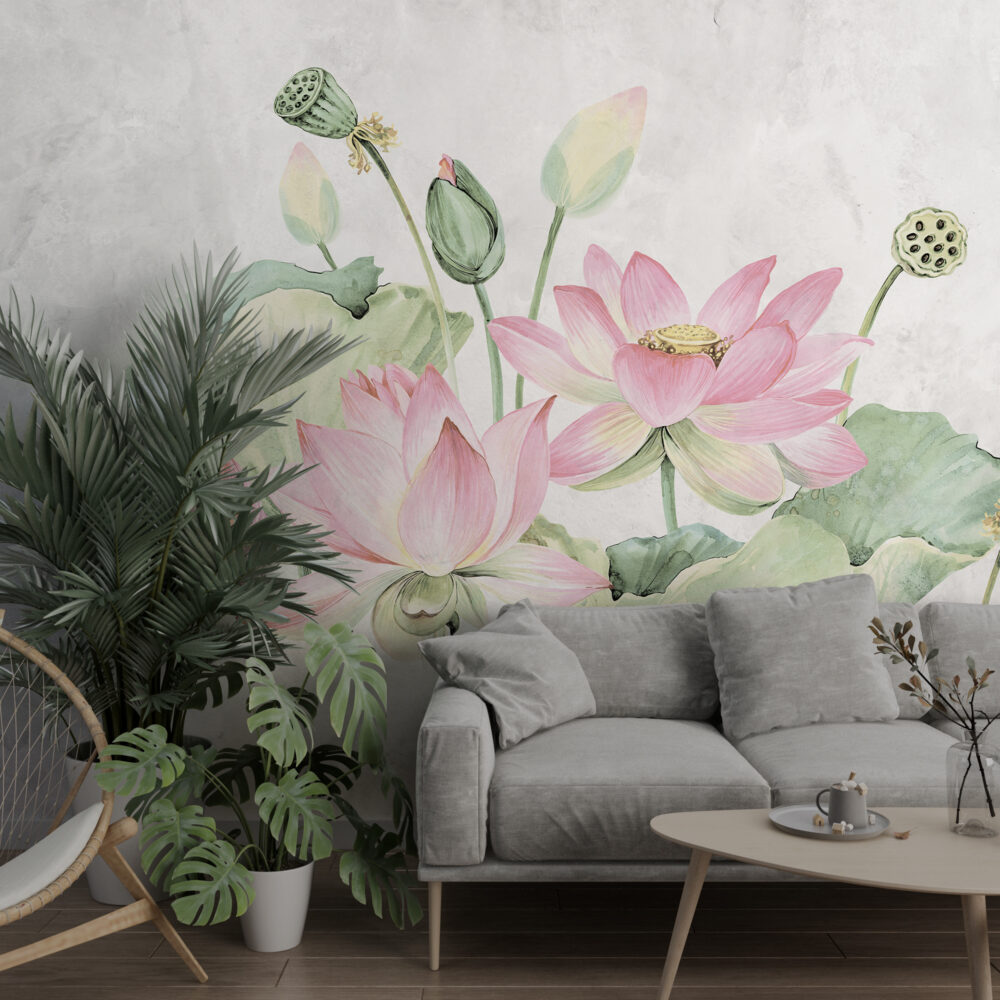 Pink Lotus Wallpaper : Watercolor Lotus Pond Mural - View 4