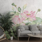 Pink Lotus Wallpaper : Watercolor Lotus Pond Mural - View 4
