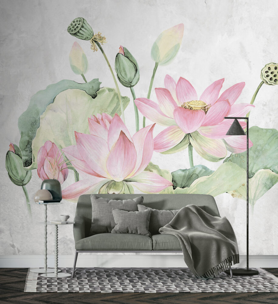 Pink Lotus Wallpaper : Watercolor Lotus Pond Mural - View 5