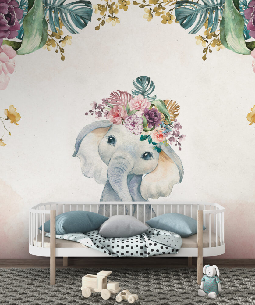 Baby Elephant Wallpaper : Floral Crown Watercolor Nursery Mural - View 6