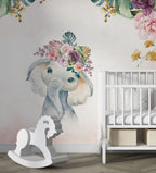 Baby Elephant Wallpaper : Floral Crown Watercolor Nursery Mural - View 3