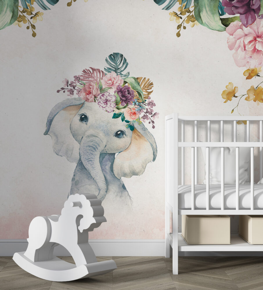 Baby Elephant Wallpaper : Floral Crown Watercolor Nursery Mural - View 3