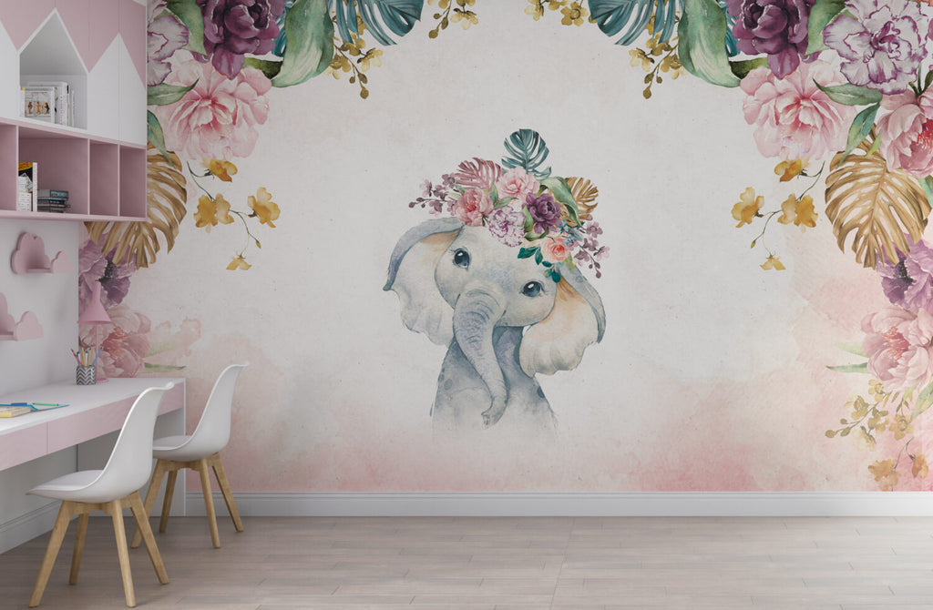 Baby Elephant Wallpaper : Floral Crown Watercolor Nursery Mural - View 4