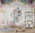 Baby Elephant Wallpaper : Floral Crown Watercolor Nursery Mural
