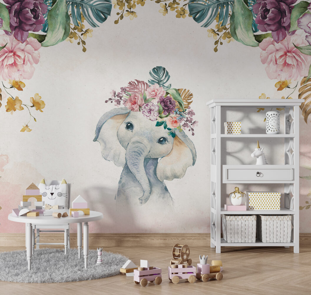 Baby Elephant Wallpaper : Floral Crown Watercolor Nursery Mural