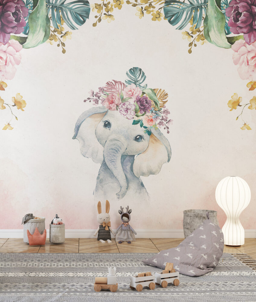 Baby Elephant Wallpaper : Floral Crown Watercolor Nursery Mural - View 5