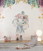 Baby Elephant Wallpaper : Floral Crown Watercolor Nursery Mural - View 5