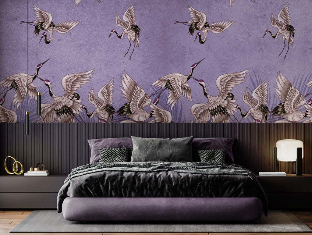 Purple Crane Wallpaper : Distressed Lilac Flying Birds Mural - View 5