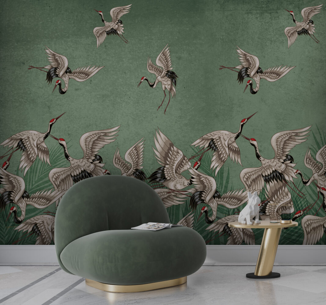 Green Crane Wallpaper : Distressed Sage Flying Birds Mural - View 6