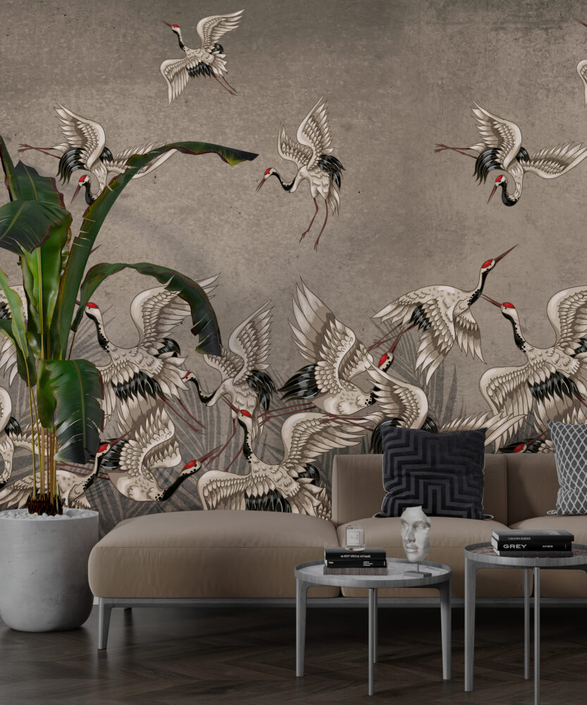 Cream Crane Wallpaper : Distressed Wall Flying Birds Mural - View 6