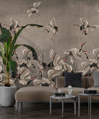Cream Crane Wallpaper : Distressed Wall Flying Birds Mural - View 6