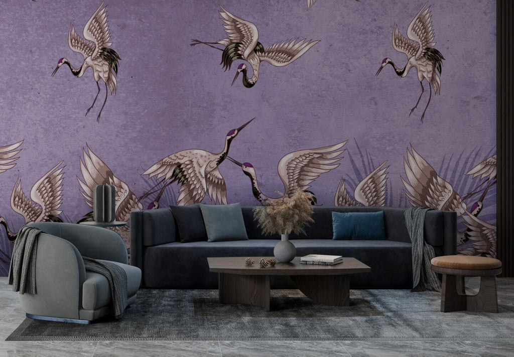 Purple Crane Wallpaper : Distressed Lilac Flying Birds Mural - View 6