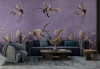 Purple Crane Wallpaper : Distressed Lilac Flying Birds Mural - View 6