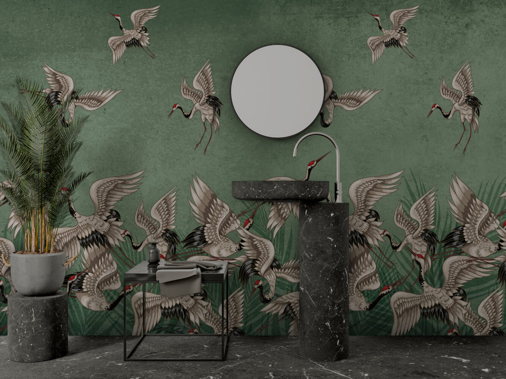 Green Crane Wallpaper : Distressed Sage Flying Birds Mural - View 3