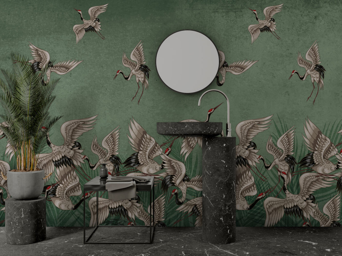 Green Crane Wallpaper : Distressed Sage Flying Birds Mural - View 3