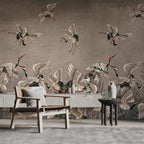 Cream Crane Wallpaper : Distressed Wall Flying Birds Mural - View 3