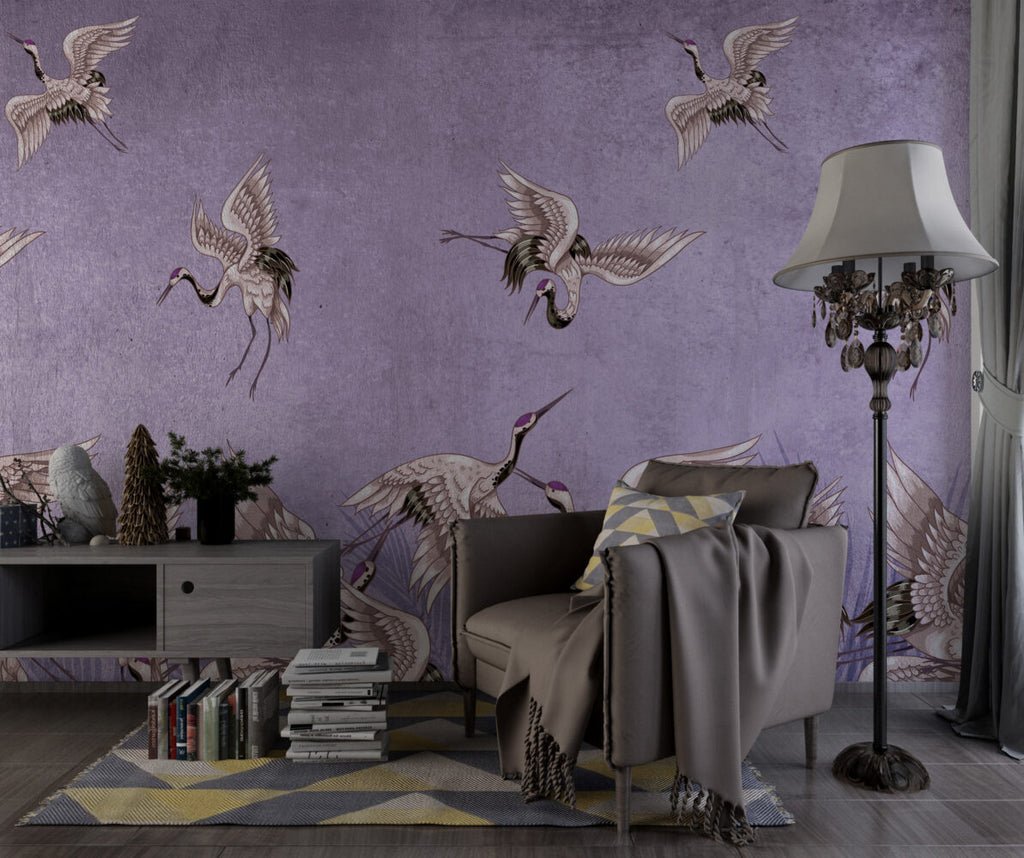 Purple Crane Wallpaper : Distressed Lilac Flying Birds Mural - View 3