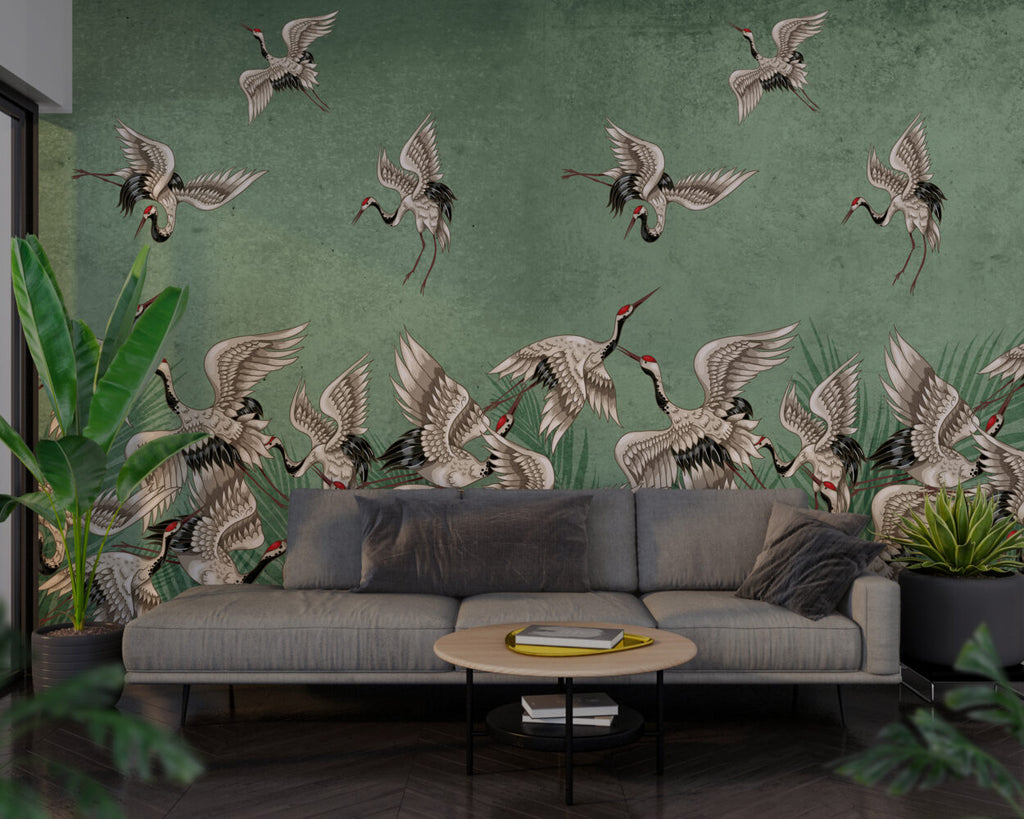 Green Crane Wallpaper : Distressed Sage Flying Birds Mural - View 4
