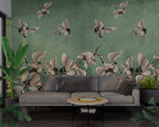Green Crane Wallpaper : Distressed Sage Flying Birds Mural - View 4