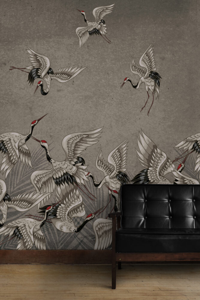 Cream Crane Wallpaper : Distressed Wall Flying Birds Mural - View 4