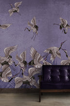 Purple Crane Wallpaper : Distressed Lilac Flying Birds Mural