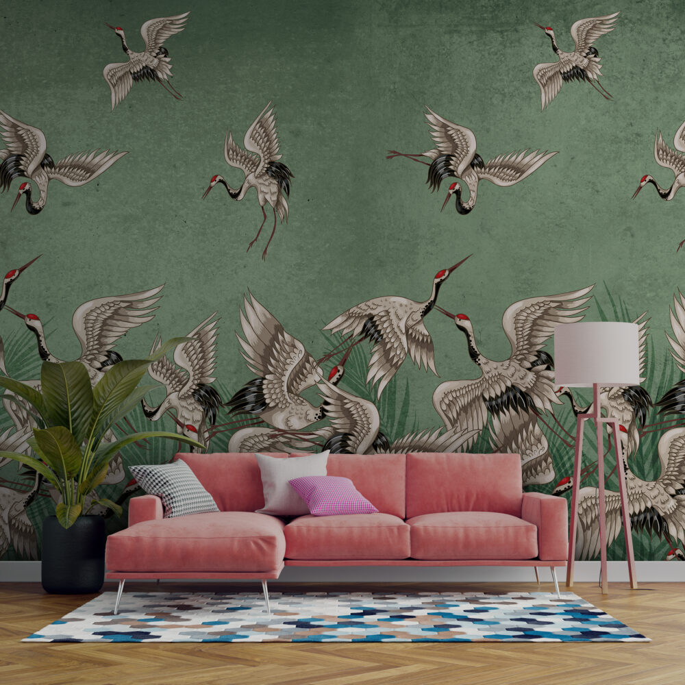 Green Crane Wallpaper : Distressed Sage Flying Birds Mural - View 5