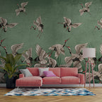 Green Crane Wallpaper : Distressed Sage Flying Birds Mural - View 5