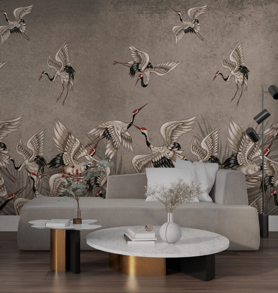 Cream Crane Wallpaper : Distressed Wall Flying Birds Mural - View 5