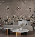 Cream Crane Wallpaper : Distressed Wall Flying Birds Mural - View 5