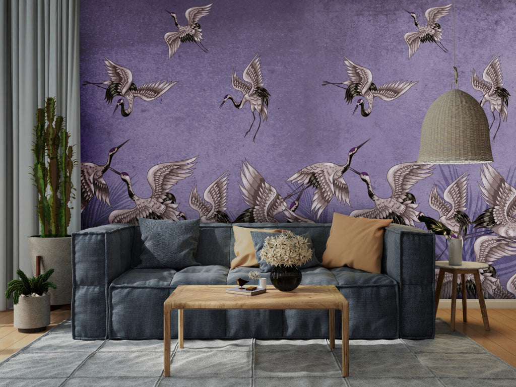 Purple Crane Wallpaper : Distressed Lilac Flying Birds Mural - View 4