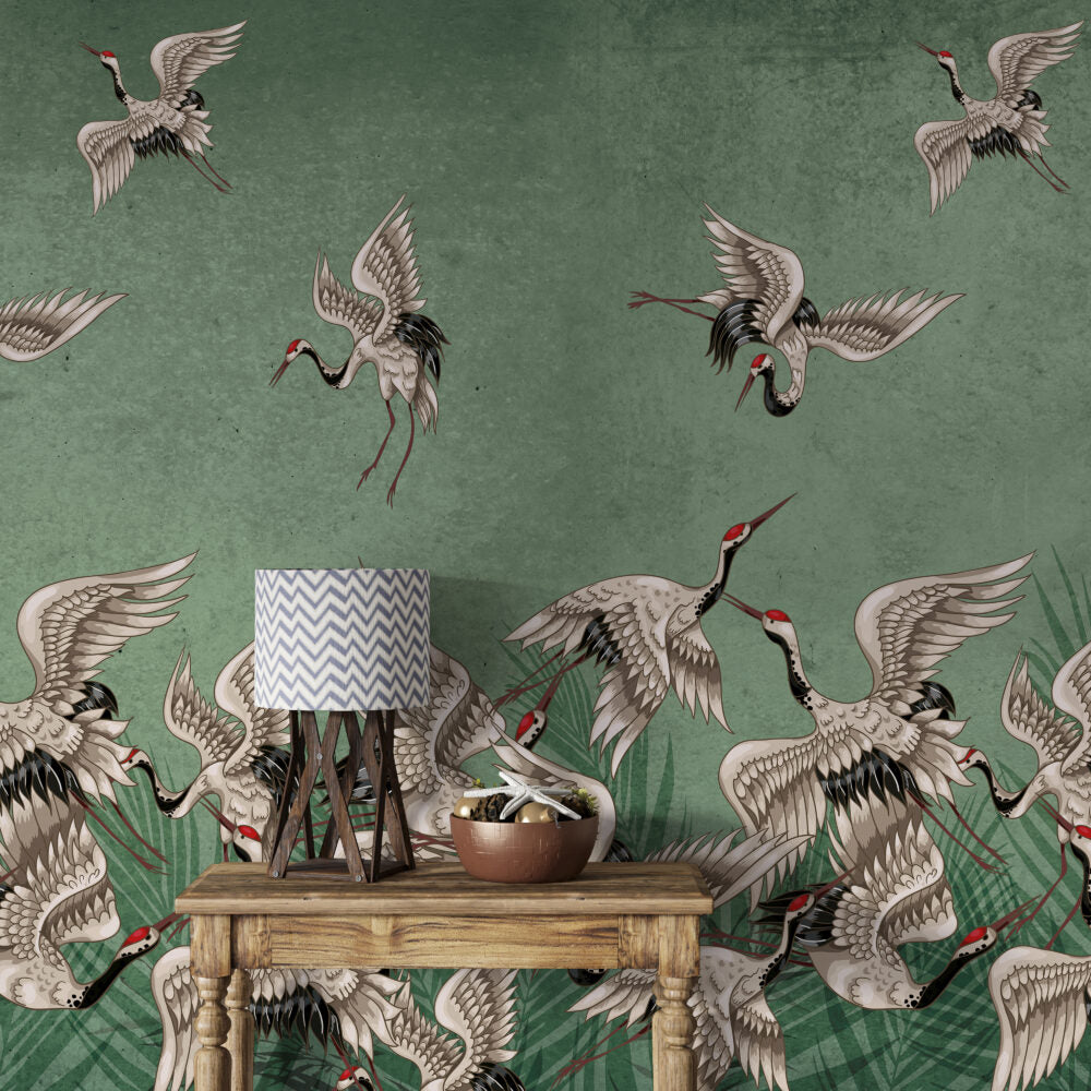 Green Crane Wallpaper : Distressed Sage Flying Birds Mural