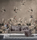 Cream Crane Wallpaper : Distressed Wall Flying Birds Mural
