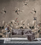 Cream Crane Wallpaper : Distressed Wall Flying Birds Mural