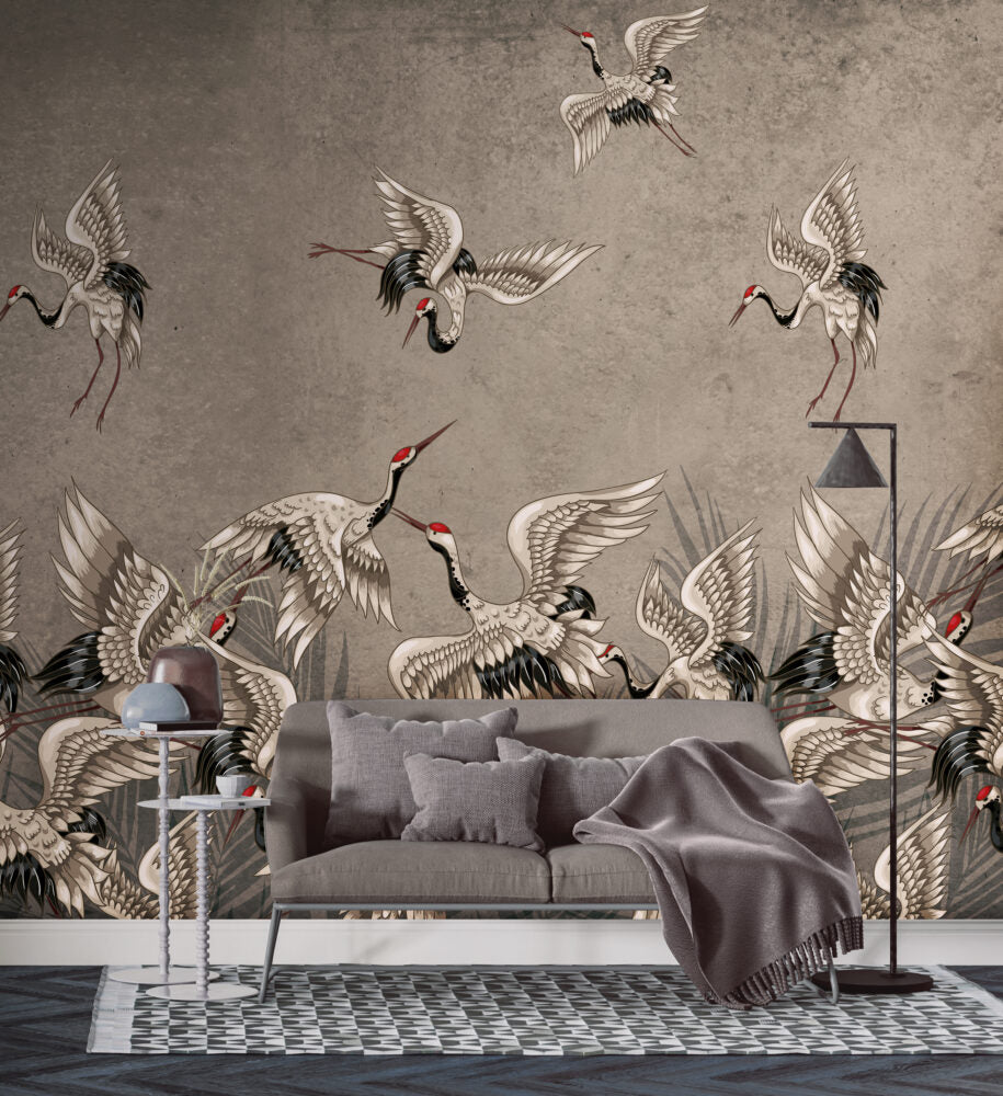 Cream Crane Wallpaper : Distressed Wall Flying Birds Mural