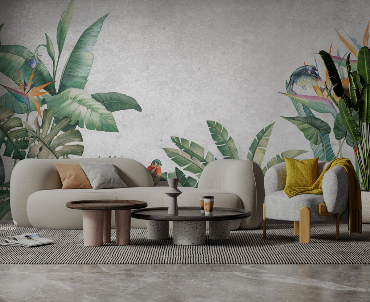 Banana Leaf Wallpaper : Tropical Plants And Kingfisher Mural - View 6