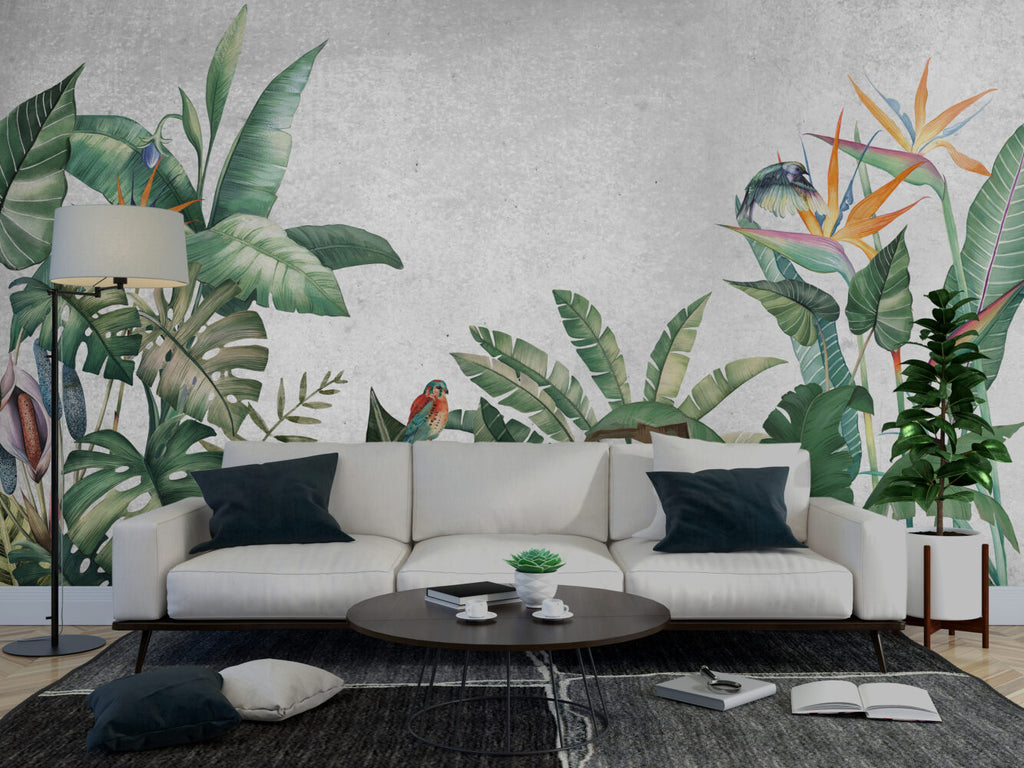 Banana Leaf Wallpaper : Tropical Plants And Kingfisher Mural - View 4