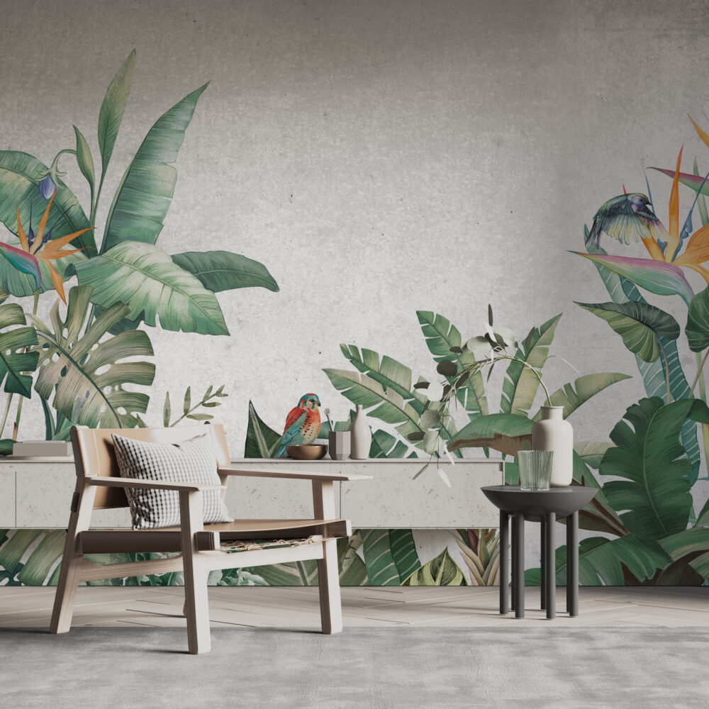 Banana Leaf Wallpaper : Tropical Plants And Kingfisher Mural - View 5