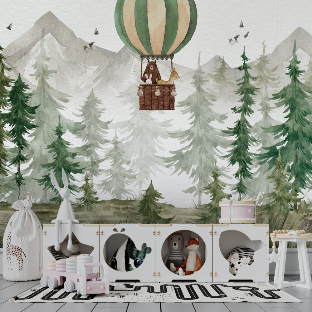 Balloon Forest Wallpaper : Watercolor Pine Trees Kids Mural - View 6