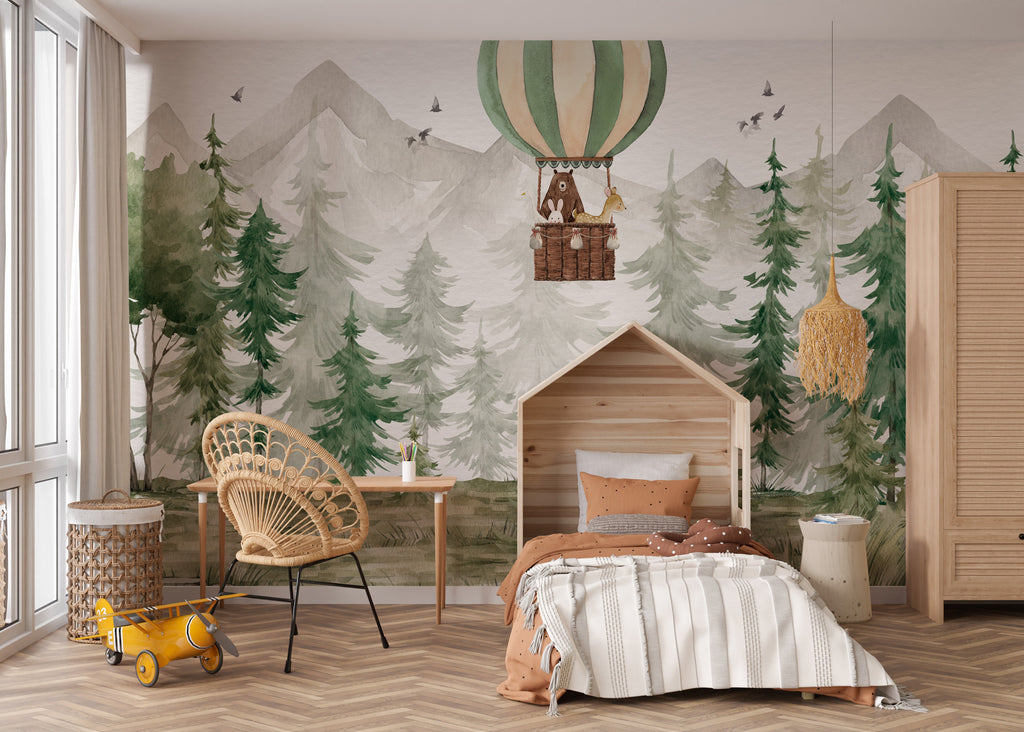 Balloon Forest Wallpaper : Watercolor Pine Trees Kids Mural